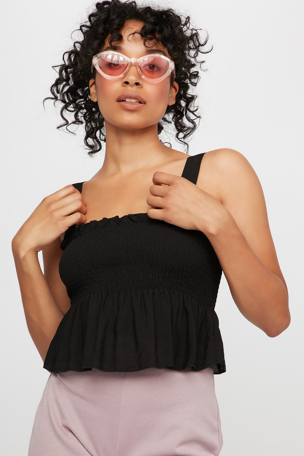 Women Camisole smockée volantée Noir