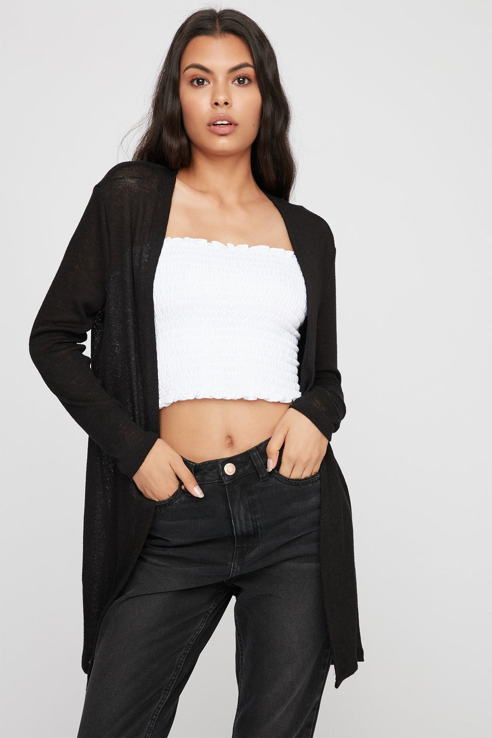 Women Cardigan long ouvert en tricot Noir
