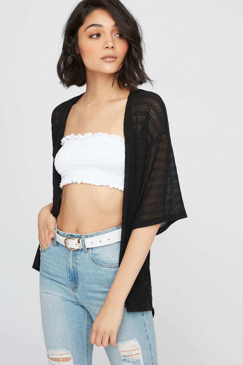 Women Cardigan ouvert en tricot à manches chauve-souris Noir