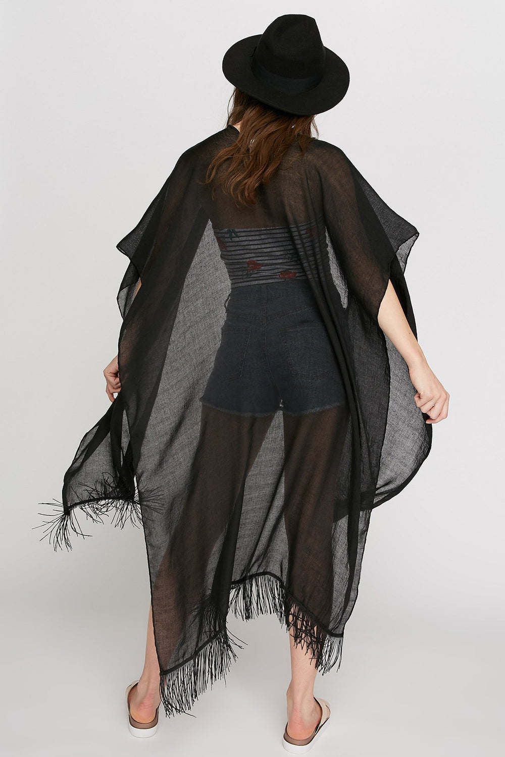 Women Châle long avec franges Noir