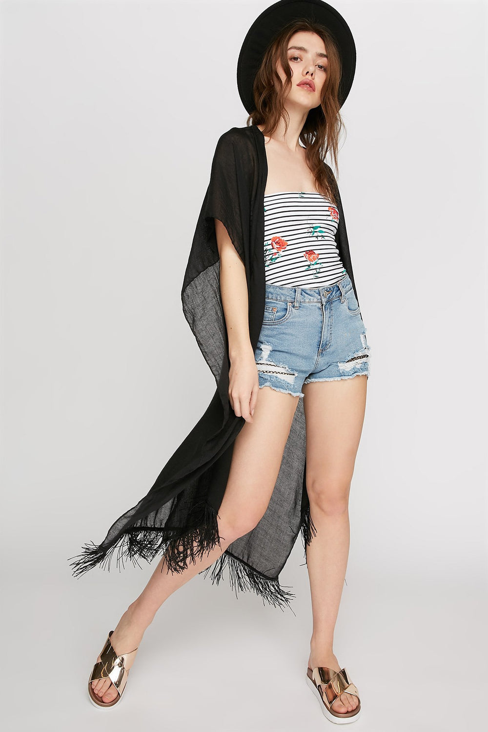 Women Châle long avec franges Noir