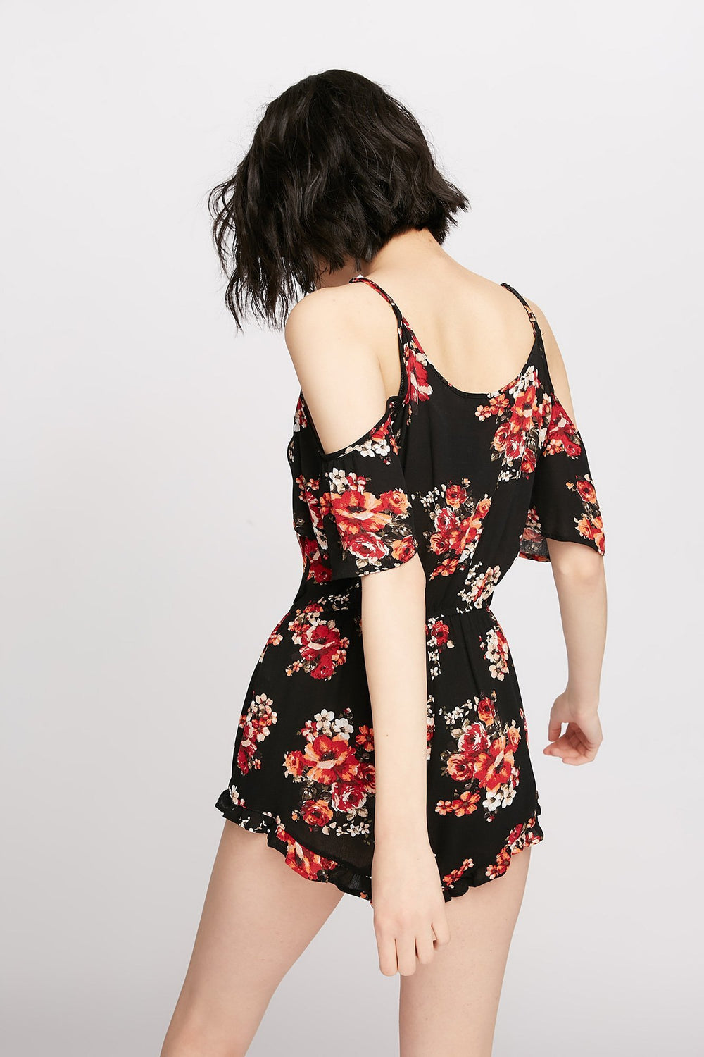 Women Combi-short cache-cur volanté à épaules dénudées Noir