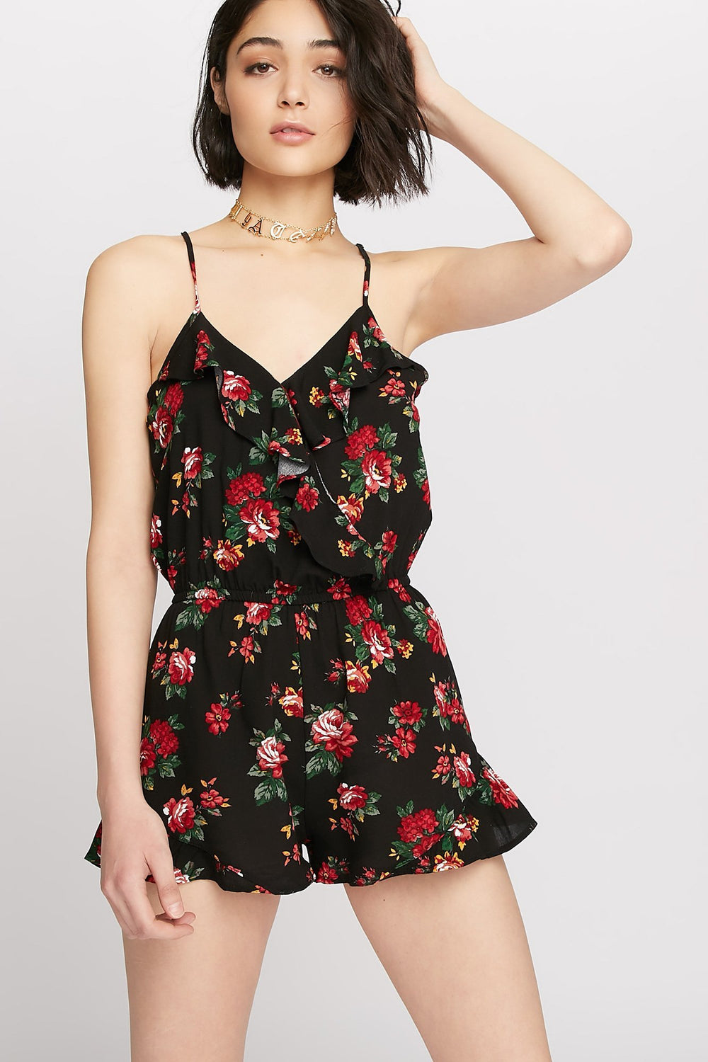Women Combi-short cache-cur volanté fleuri Noir
