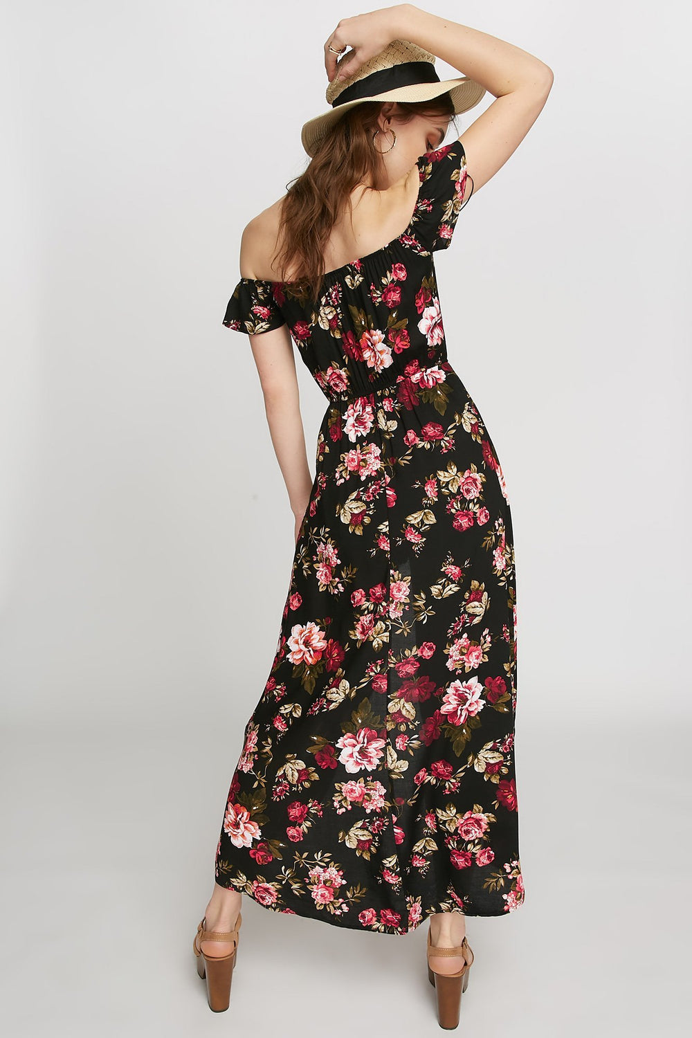 Women Combi-short fleuri à épaules dénudées Noir