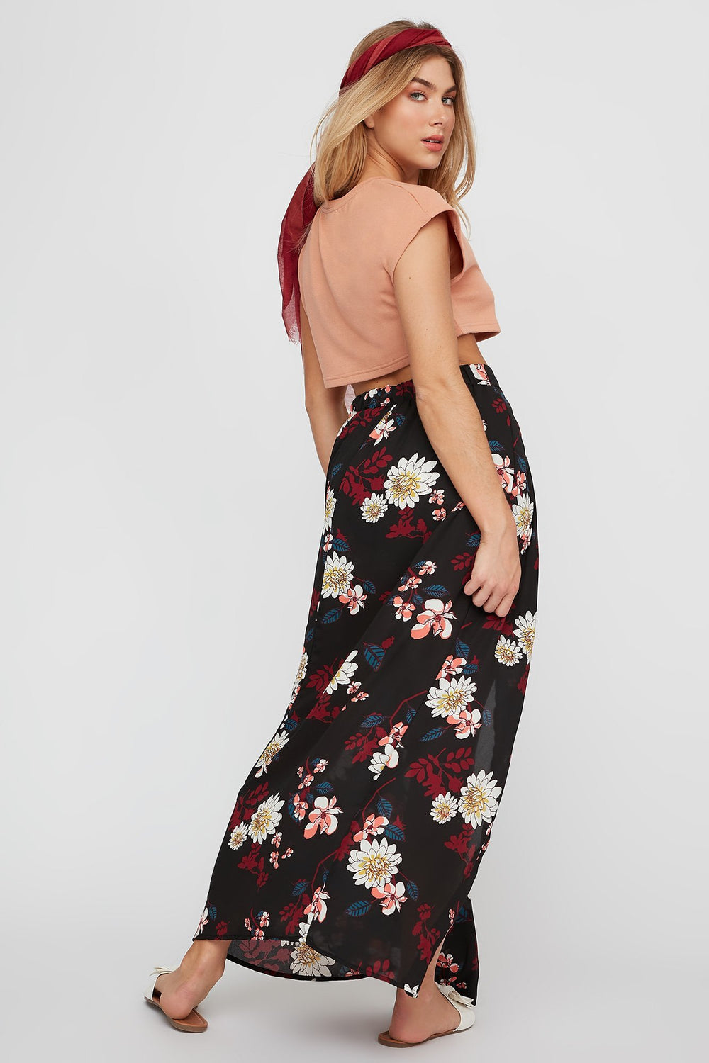 Women Combi-short fleuri à taille haute Noir