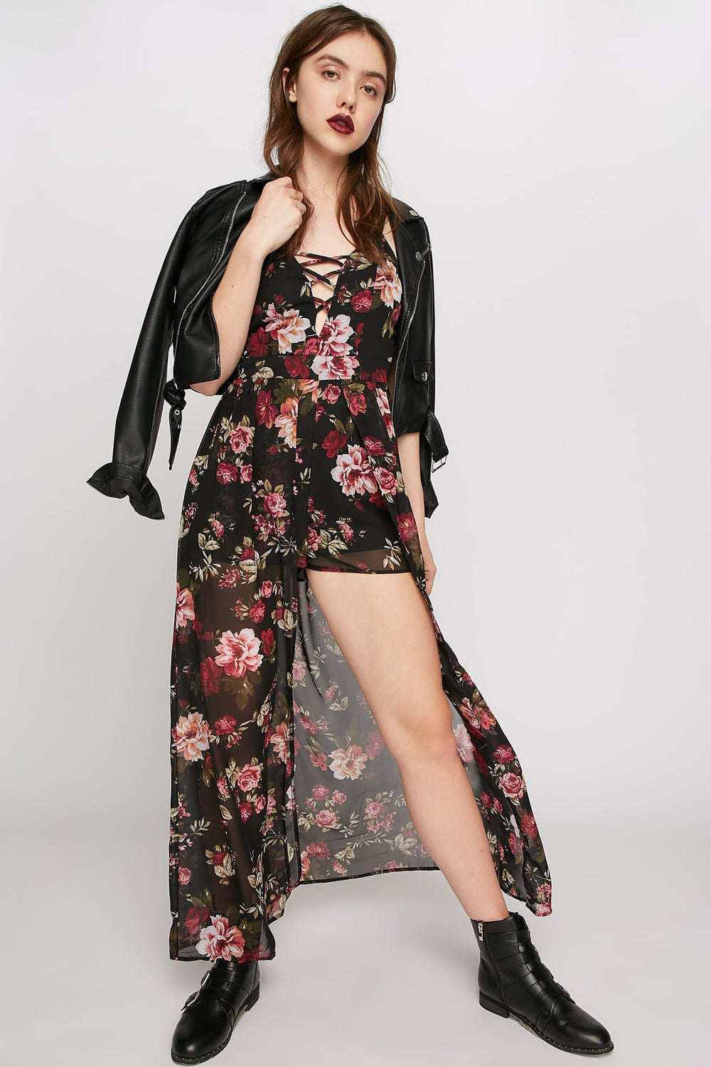 Women Combi-short fleuri diaphane à décolleté plongeant et motif de cage Noir