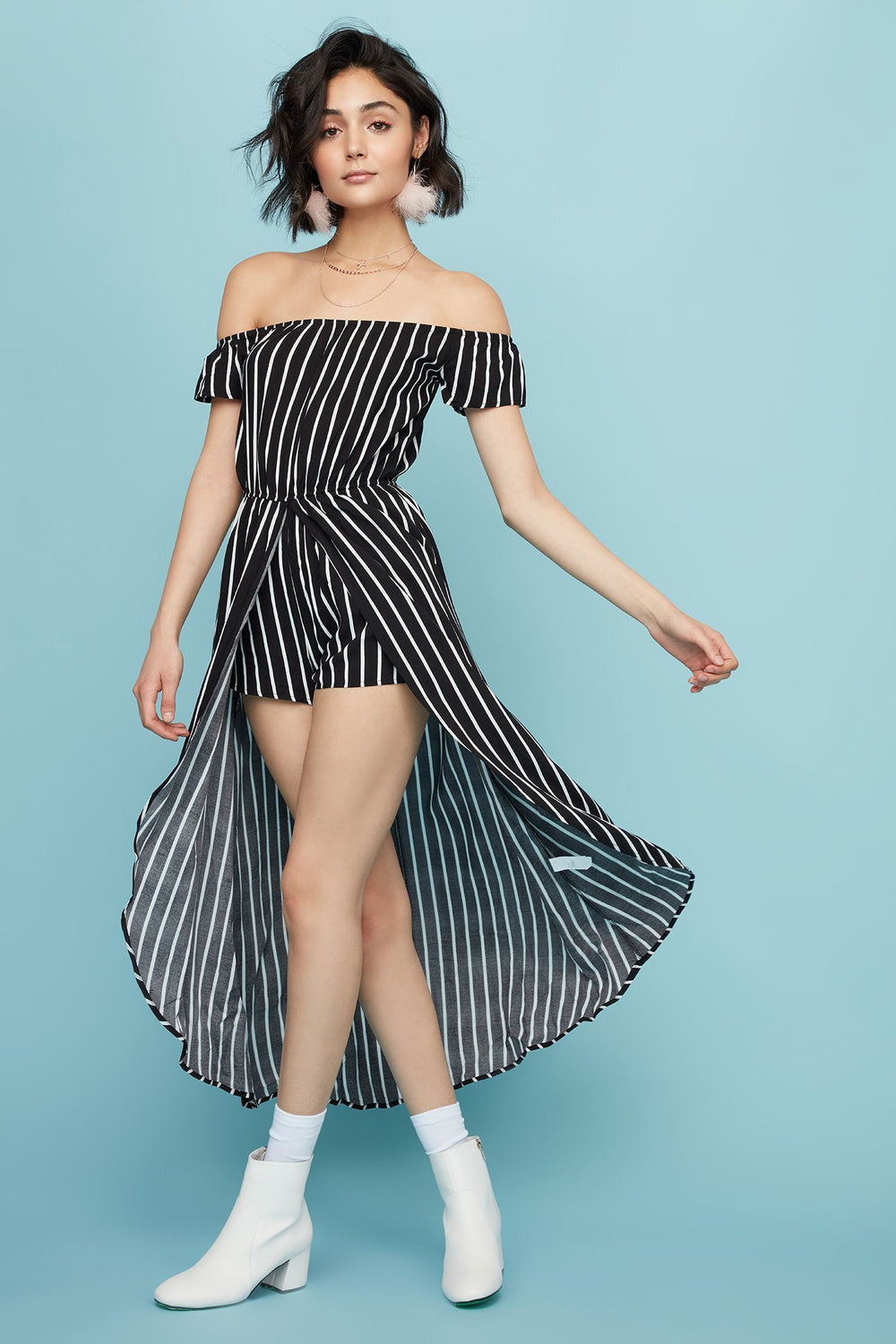 Women Combi-short rayé à épaules dénudées Noir