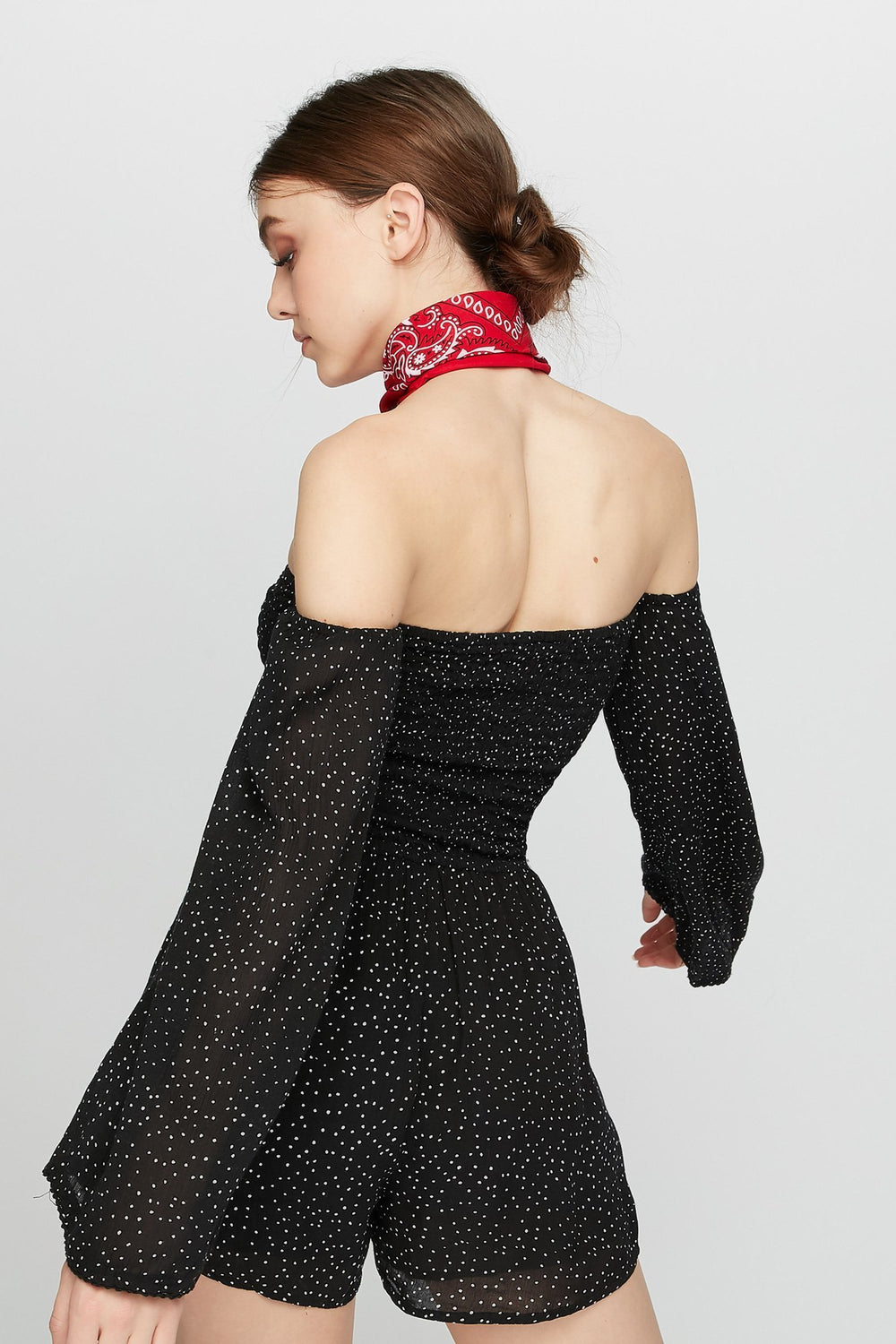 Women Combi-short smocké fleuri à manches évasées et épaules dénudées Noir