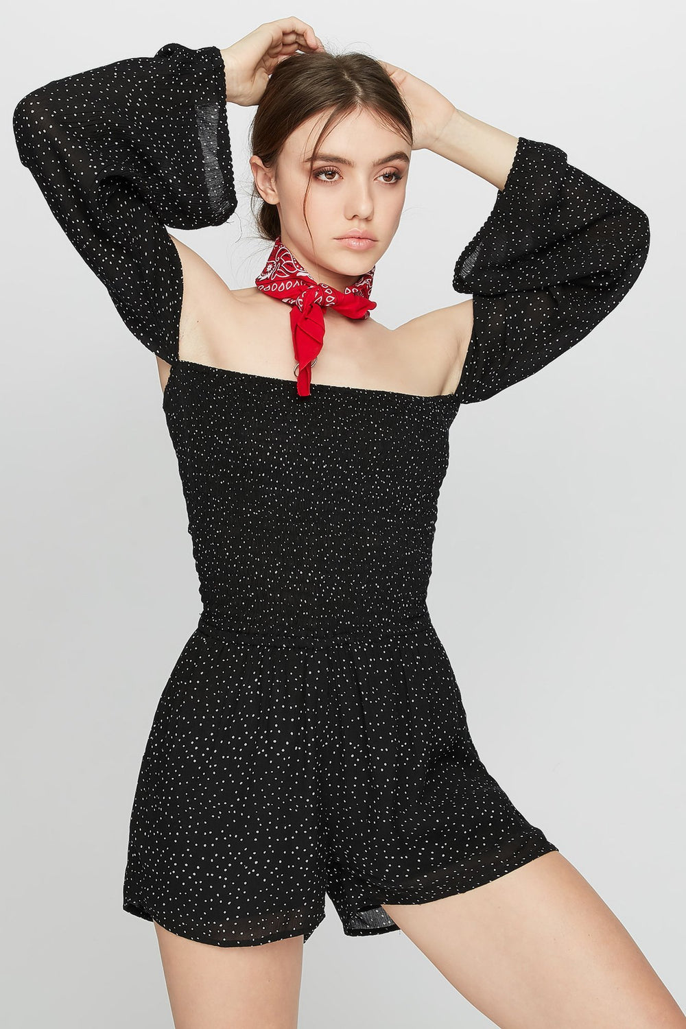 Women Combi-short smocké fleuri à manches évasées et épaules dénudées Noir