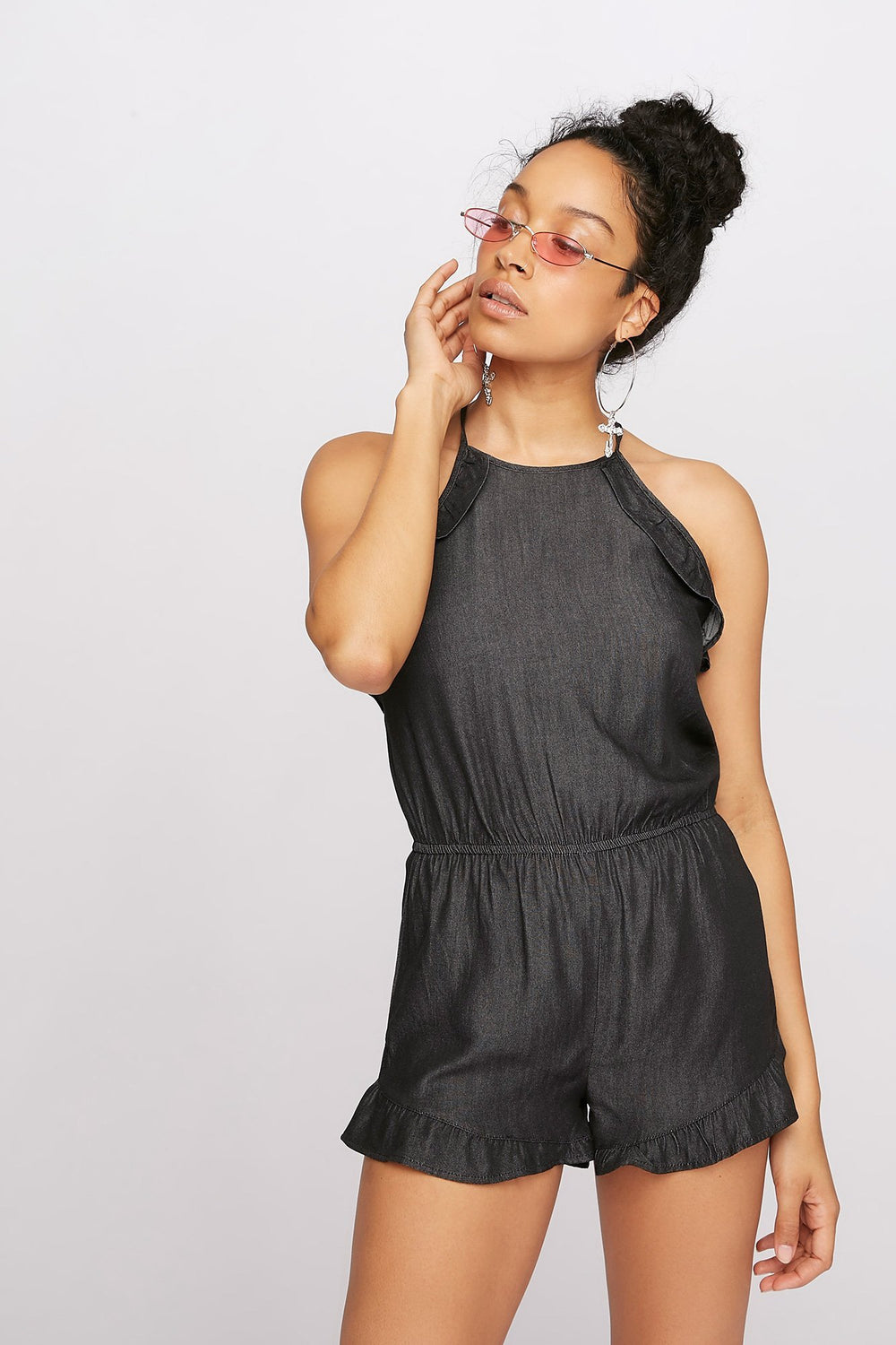 Women Combi-short volanté cintré à col roulé Noir
