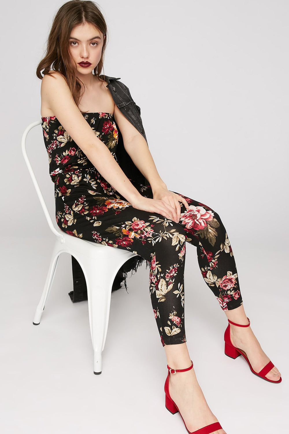 Women Combinaison fleurie sans bretelles à taille coulissante Noir