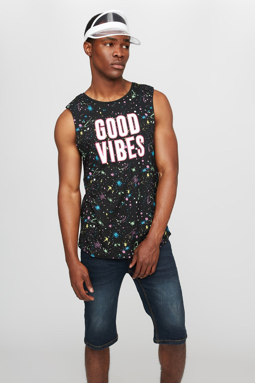 Men Débardeur à éclaboussures de peinture et imprimé Good Vibes Noir