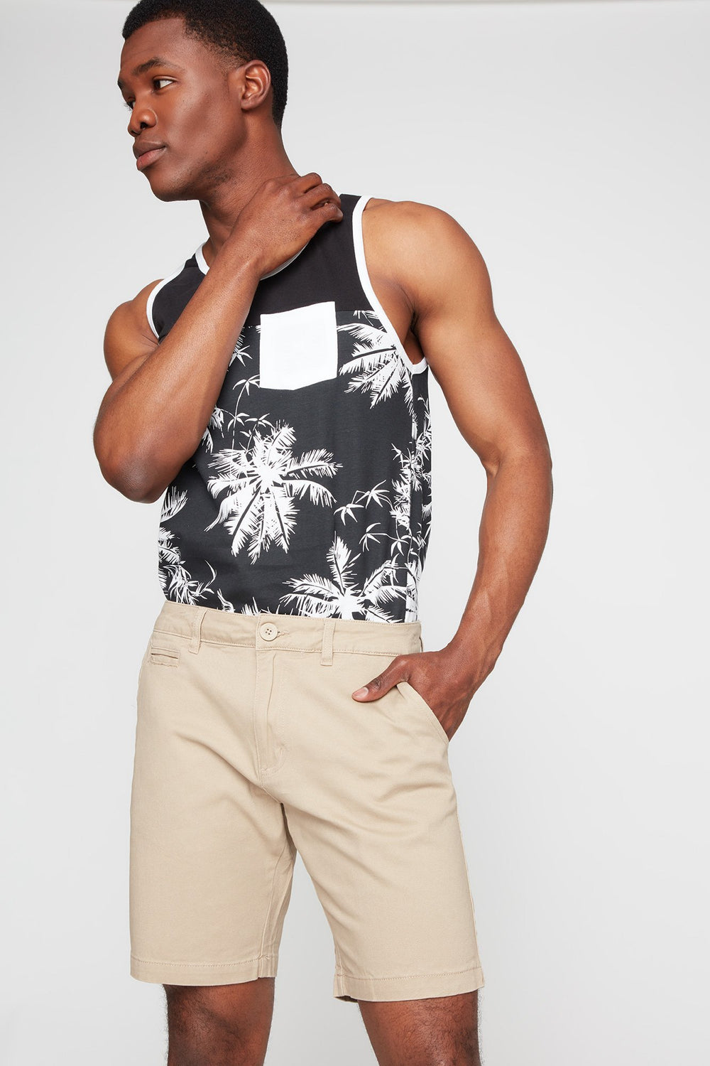 Men Débardeur avec poche à motif de palmiers Noir