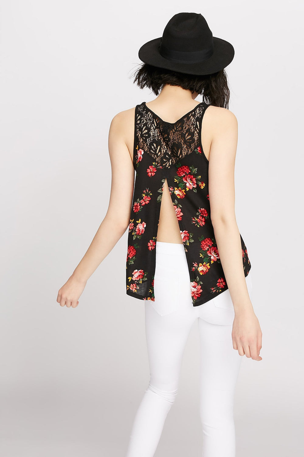 Women Débardeur fleuri en dentelle à dos ouvert Noir