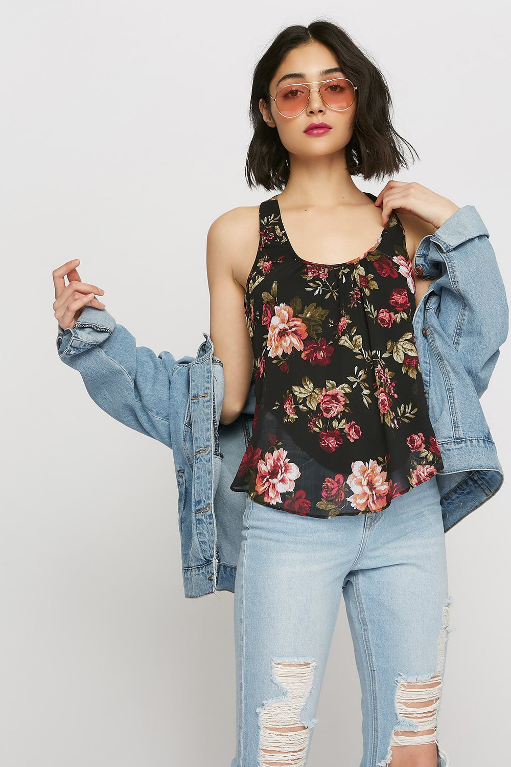 women Débardeur fleuri en mousseline à dos nageur et ourlet arrondi Noir