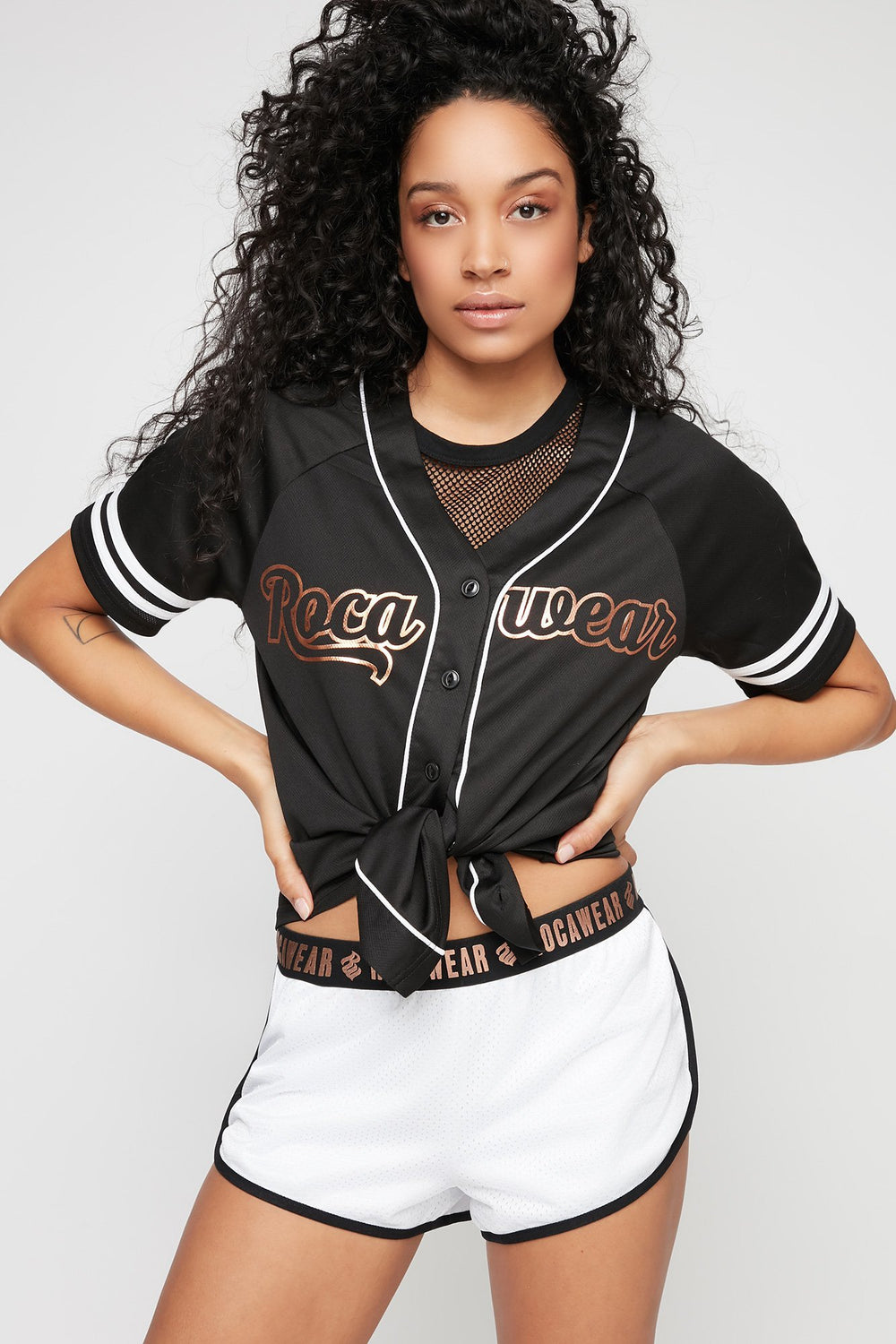 Women Jersey de baseball Rocawear rayé de style universitaire Noir