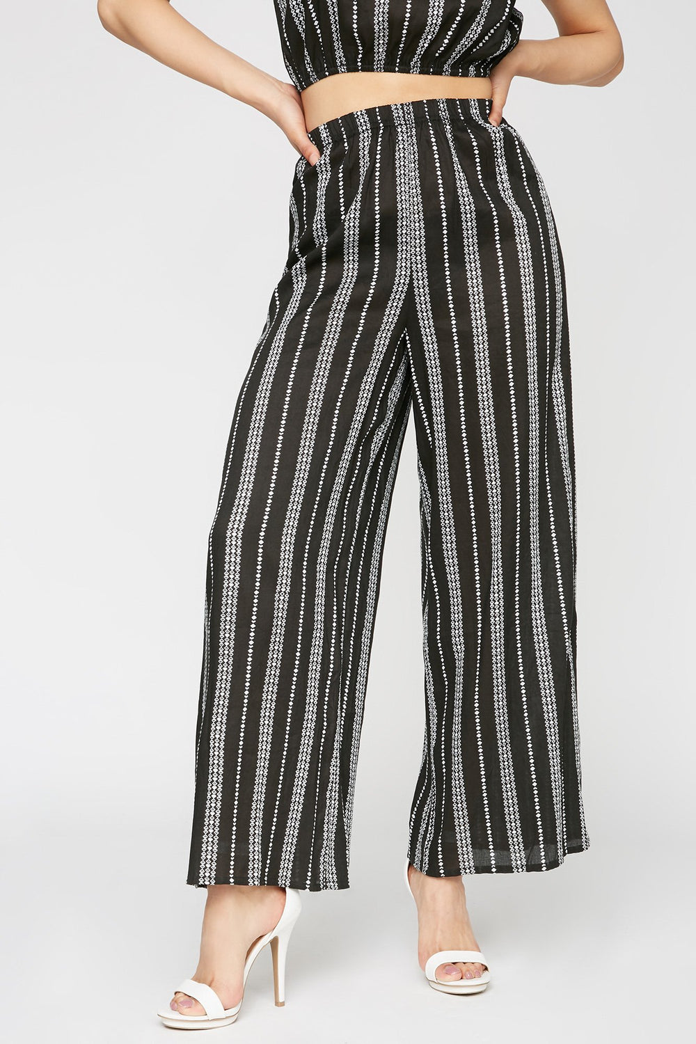 Women Jupe-culotte à jambe évasée rayée à taille haute Noir