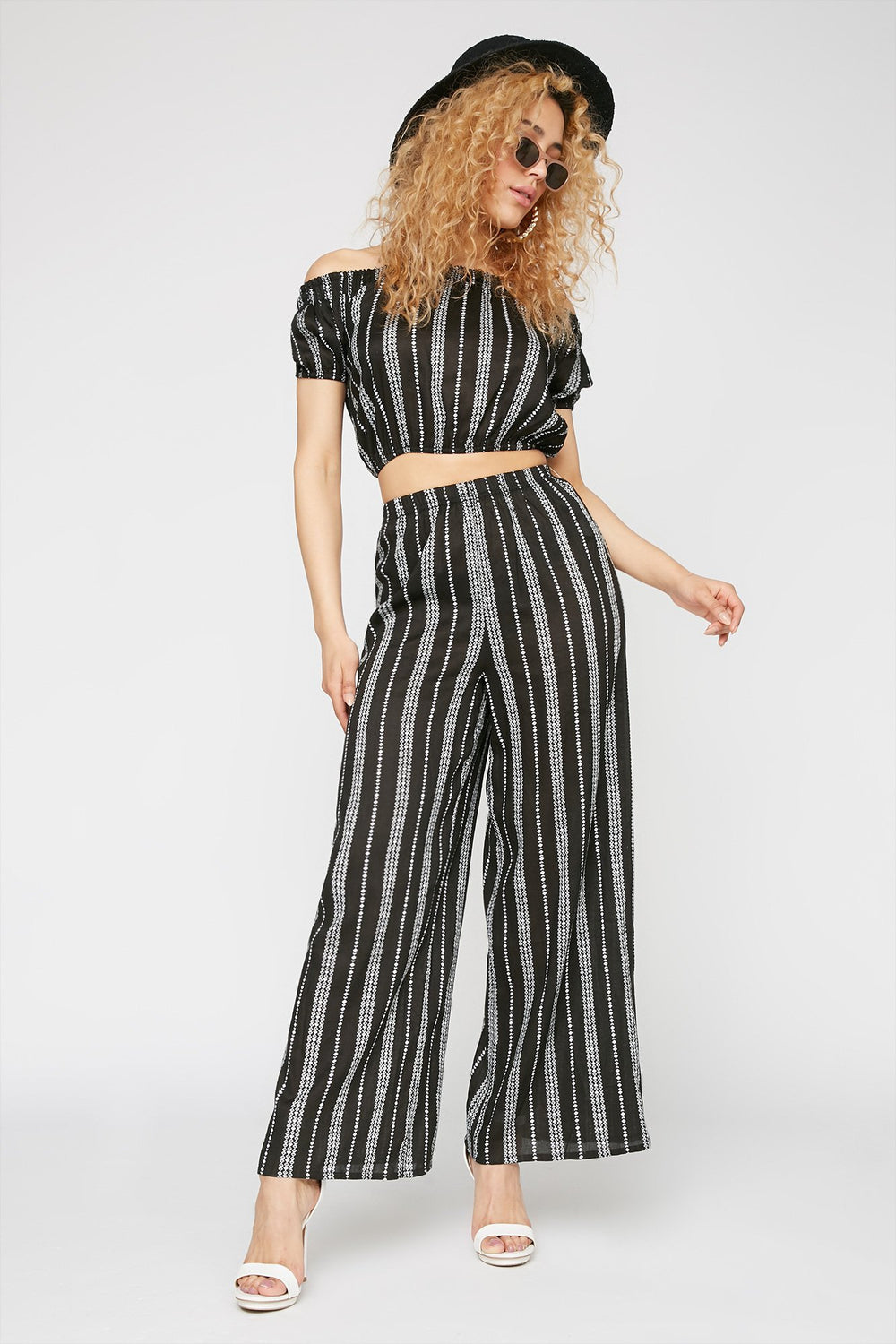 Women Jupe-culotte à jambe évasée rayée à taille haute Noir