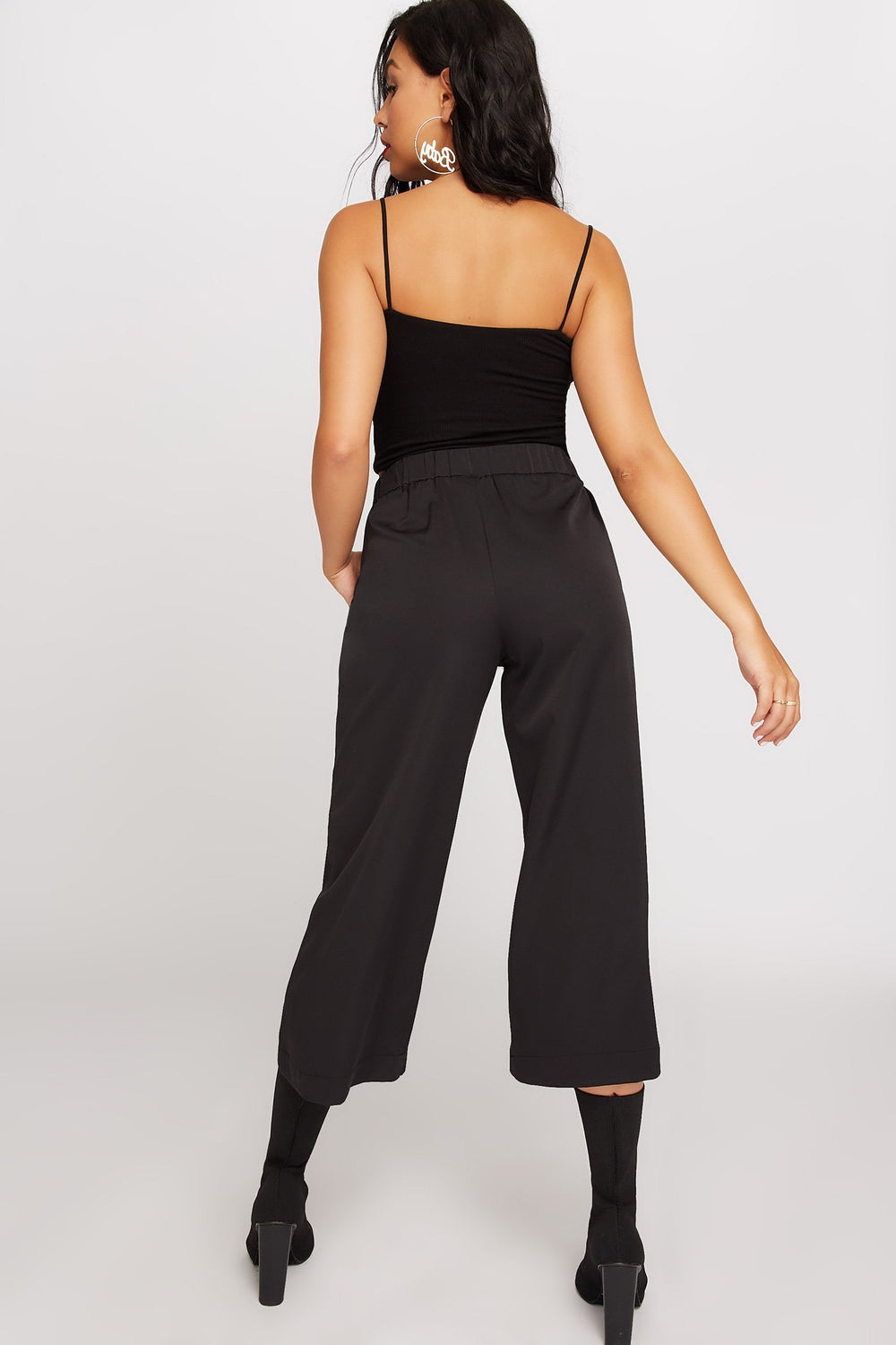 Women Jupe-culotte en satin à jambe large et taille haute avec attache Noir
