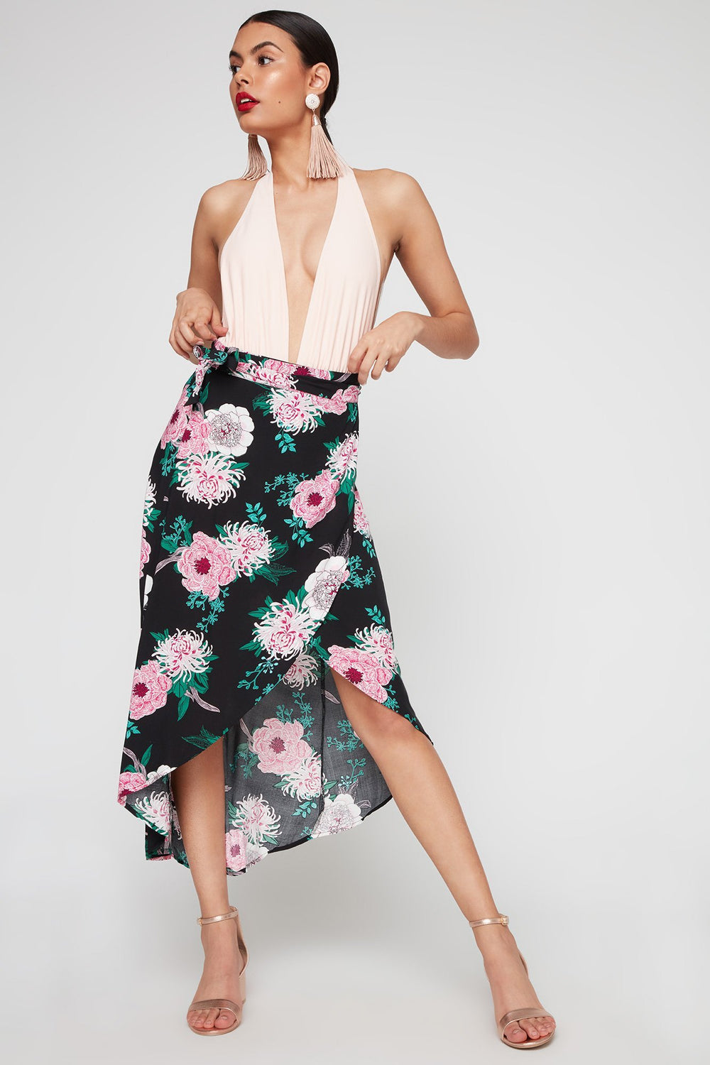Women Jupe maxi enveloppante fleurie à taille haute Noir