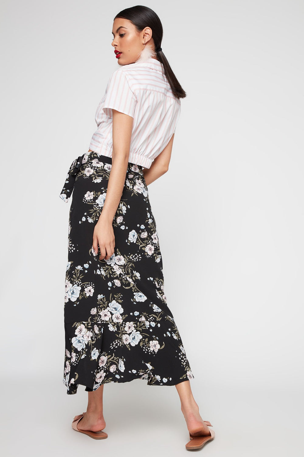 Women Jupe maxi volantée fleurie à taille haute Noir