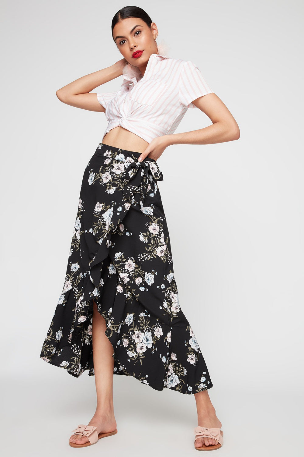Women Jupe maxi volantée fleurie à taille haute Noir