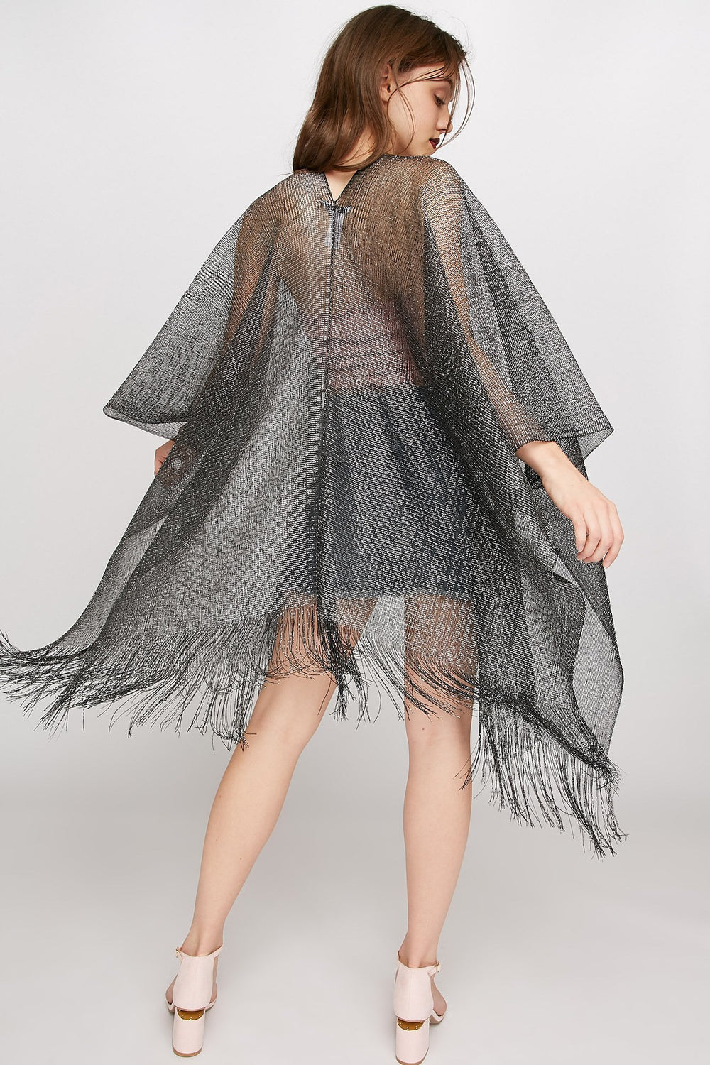 Women Kimono de plage métallisé avec franges Noir