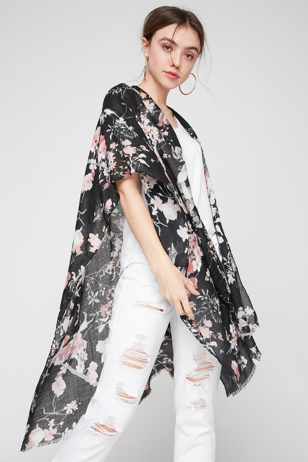 Women Kimono de plage noir fleuri avec franges Noir
