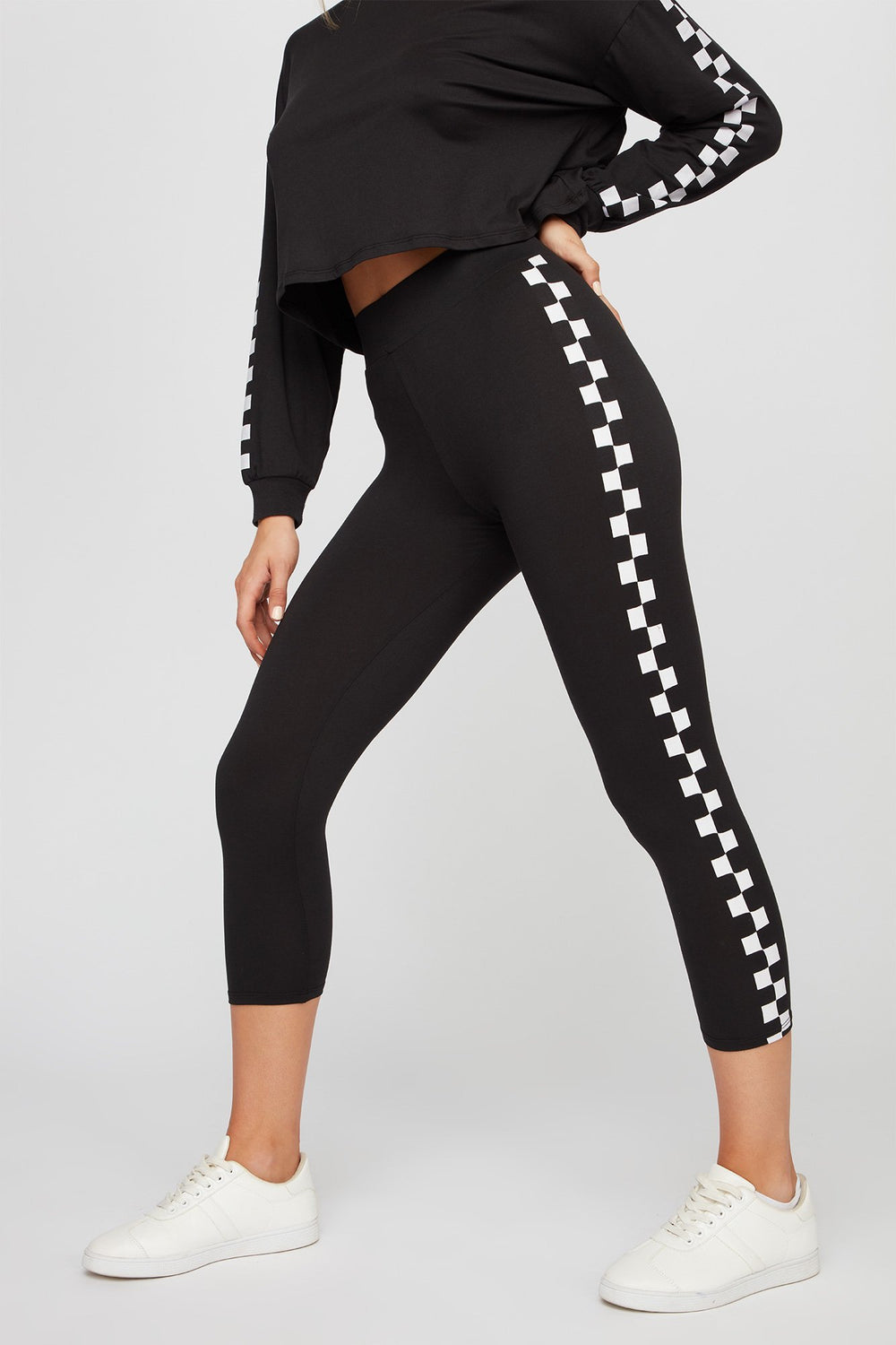 Women Legging court à motif de drapeau à damier Noir