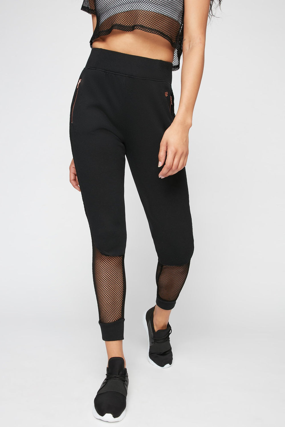 Women Legging Rocawear Active à taille haute en maille avec fermeture à glissière Noir