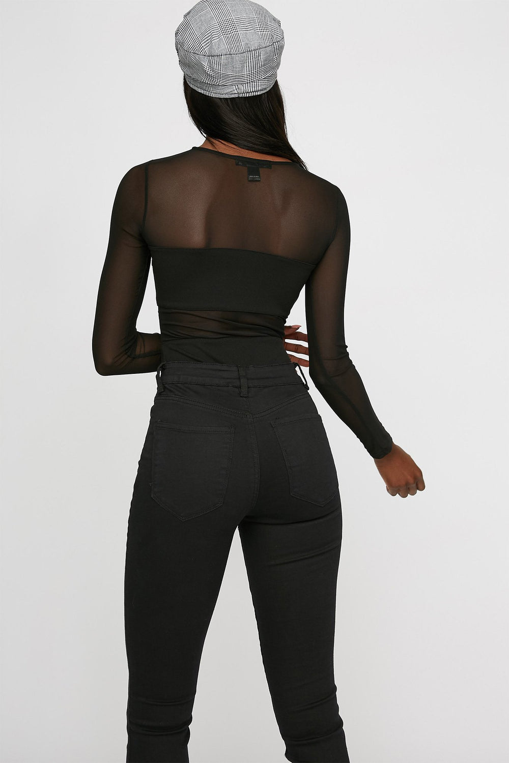 Women Maillot en filet à blocs de couleurs et manches longues Noir