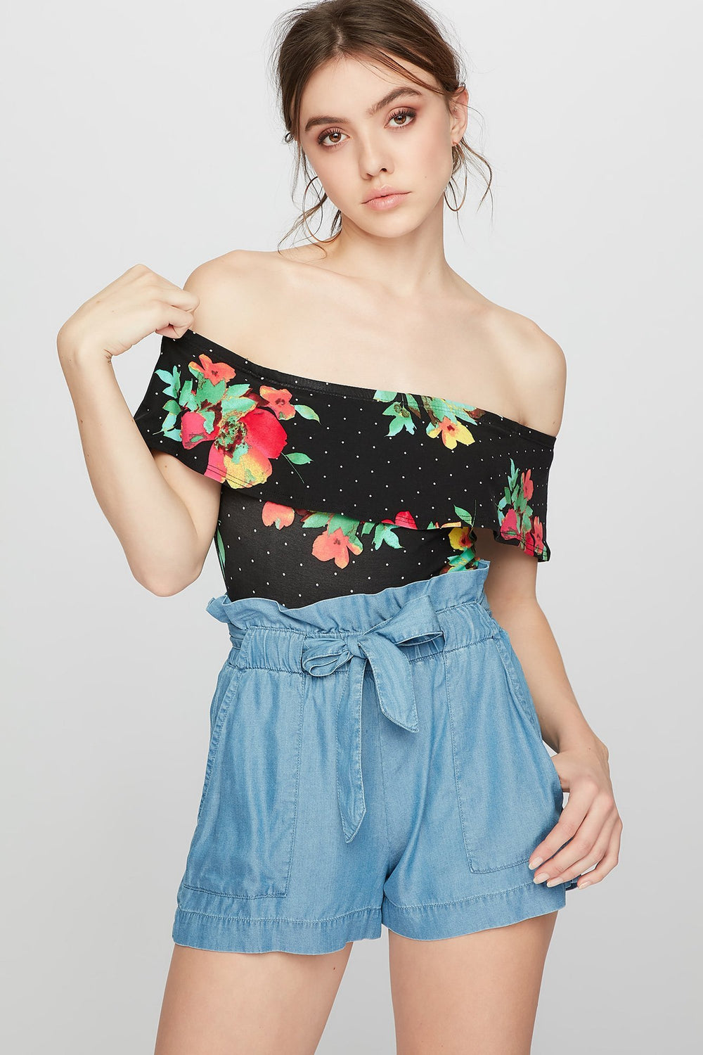 Women Maillot volanté fleuri à épaules dénudées Noir