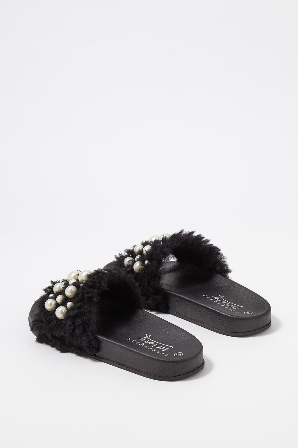Women Mules en similifourrure avec perles Noir