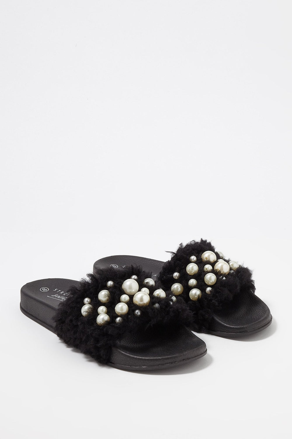 Women Mules en similifourrure avec perles Noir