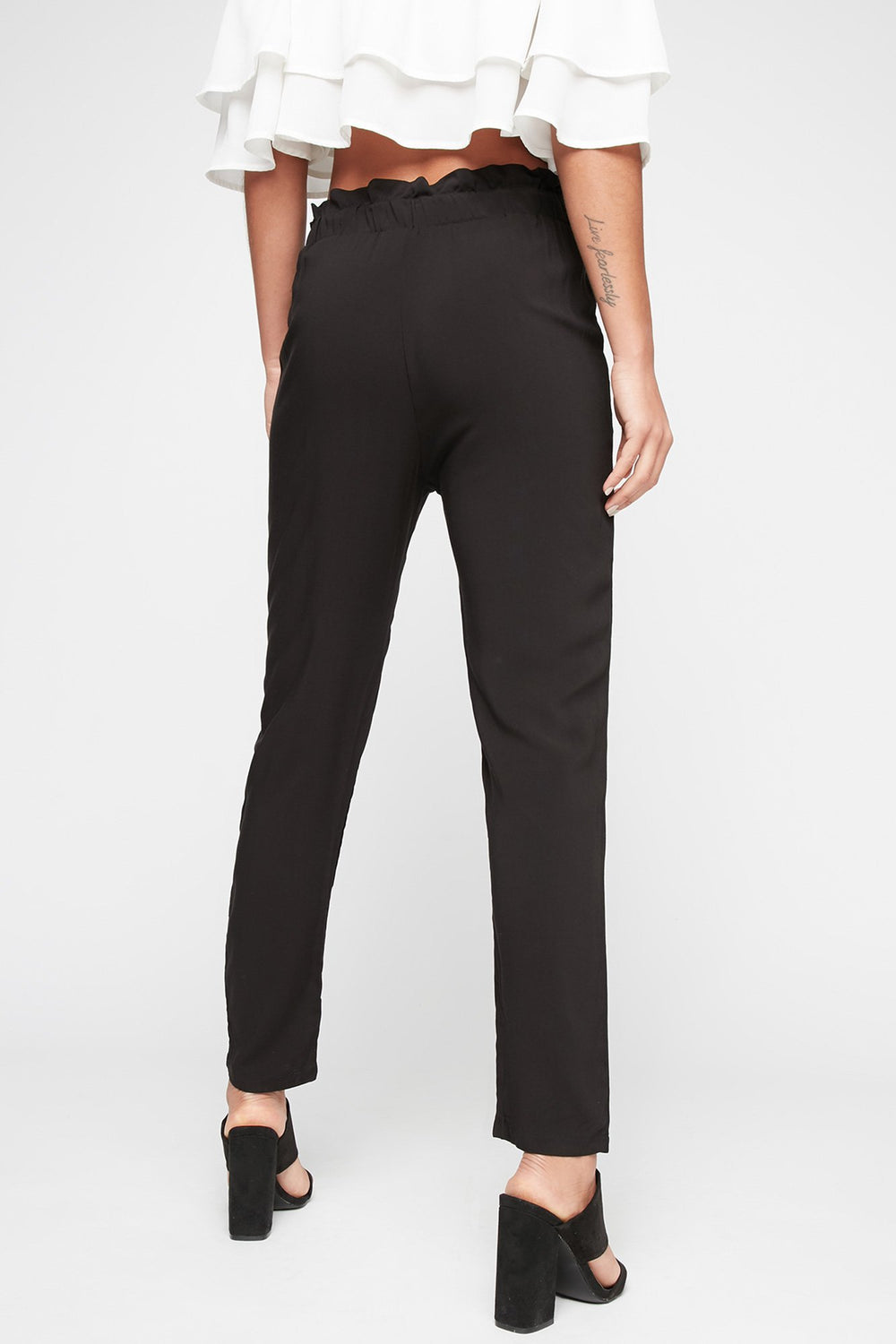 Women Pantalon à taille haute roulée avec attache Noir