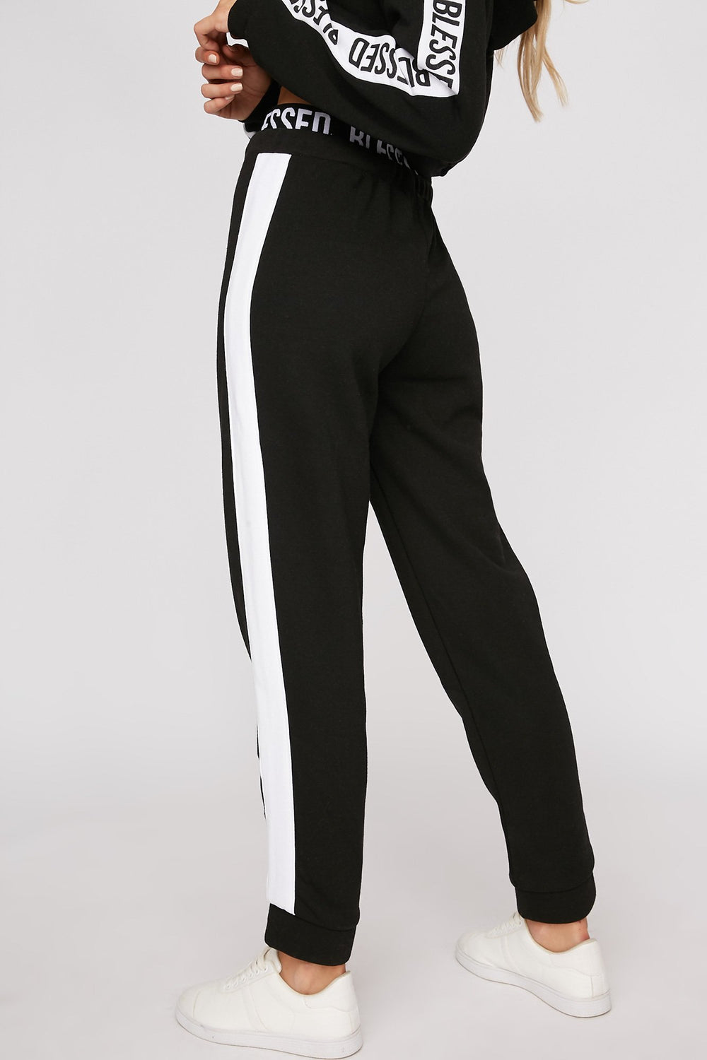 Women Pantalon de jogging avec rayures latérales à bande de taille imprimée et taille coulissante Noir