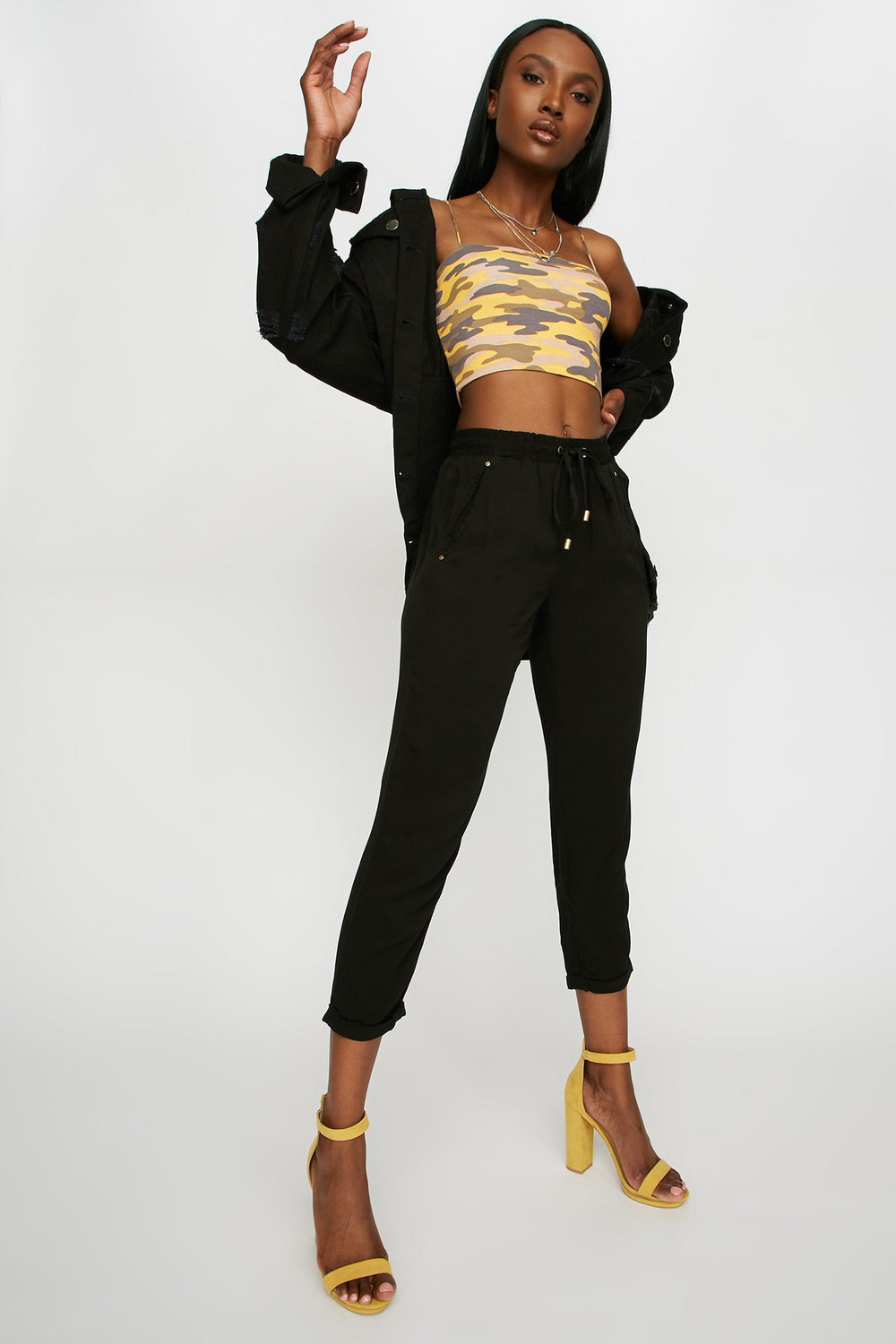 Women Pantalon de jogging léger à revers roulés et taille coulissante Noir