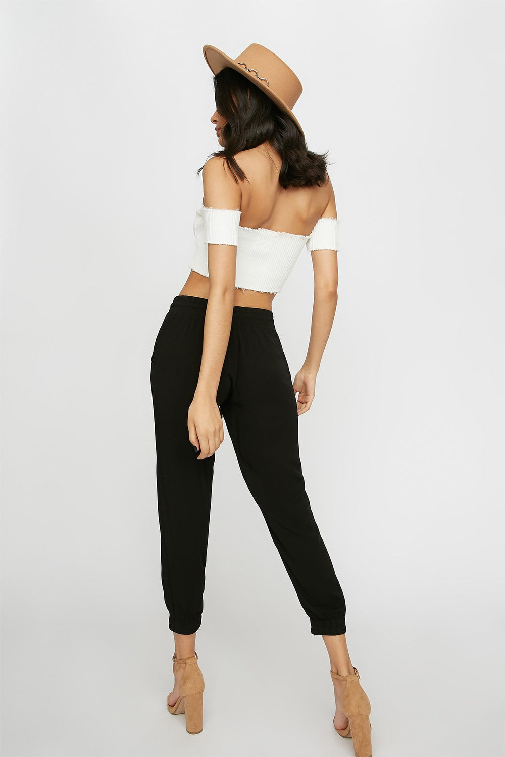 Women Pantalon de jogging léger à taille haute avec revers et taille coulissante Noir