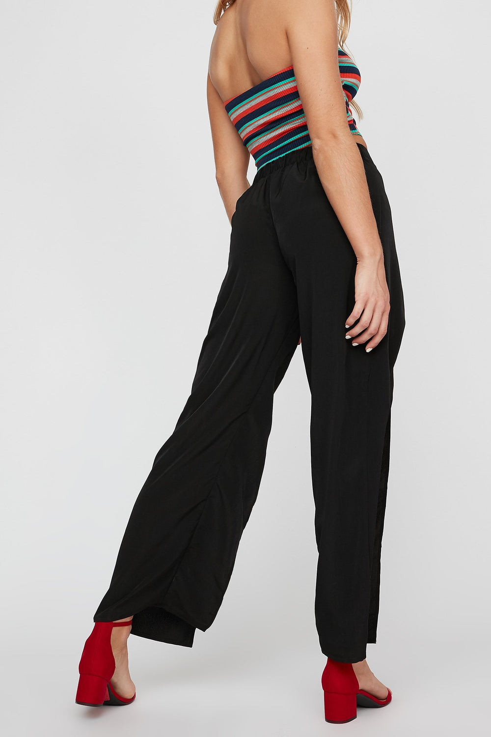 Women Pantalon rayé à taille haute Noir