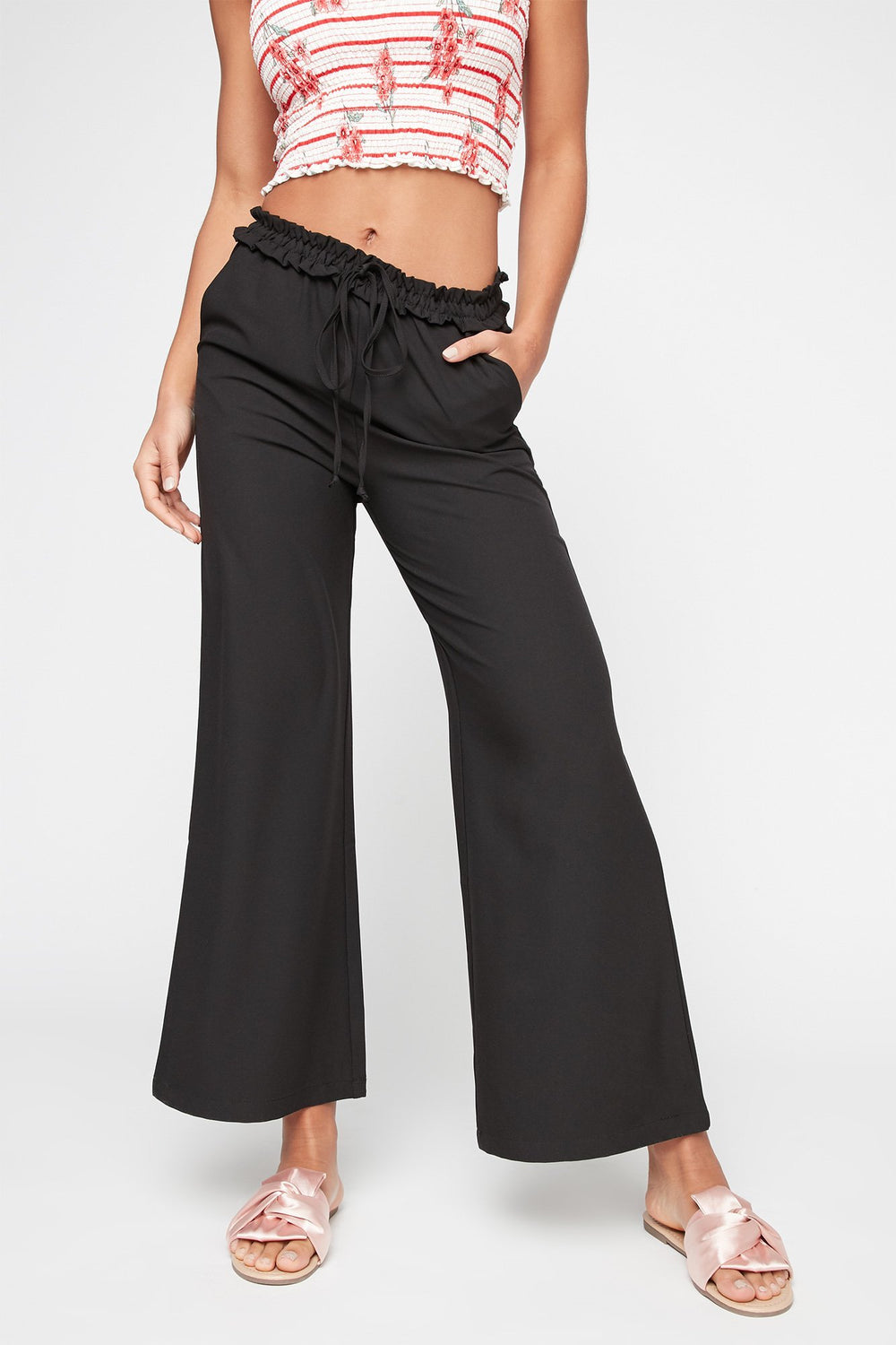 Women Pantalon volanté à jambe large et taille haute avec taille coulissante Noir
