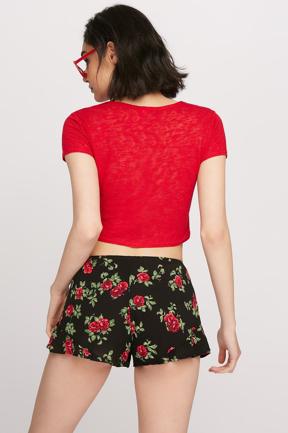 Women Short à enfiler léger volanté fleuri Noir