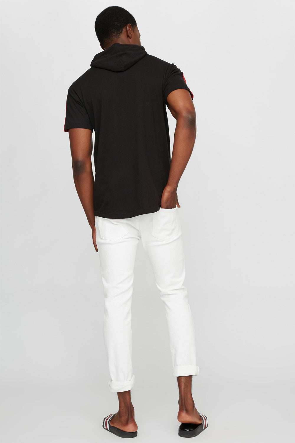 Men T-shirt à capuchon avec motif brodé Rose et serpent et rayures latérales Noir