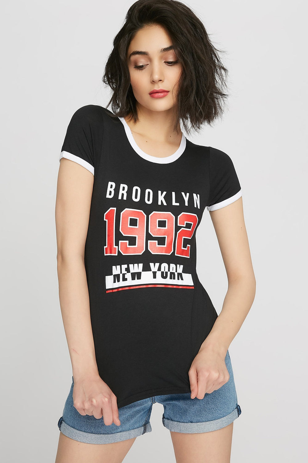 Women T-shirt à liséré contrastant et imprimé Brooklyn 1992 New York Noir