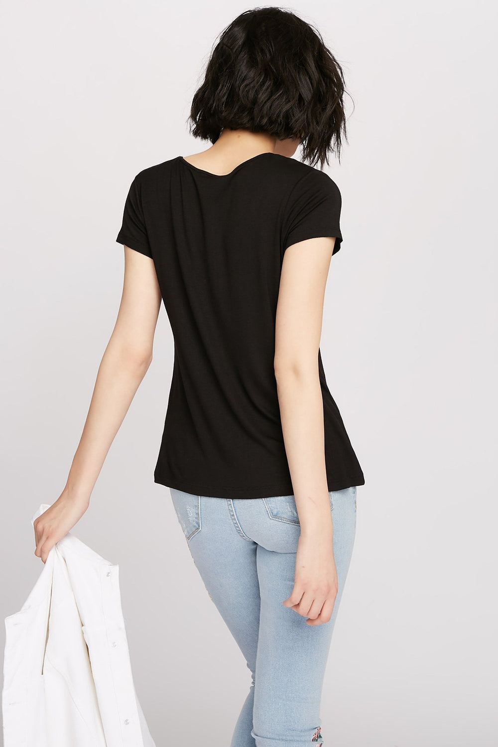 Women T-shirt à motif de cage et encolure arrondie Noir