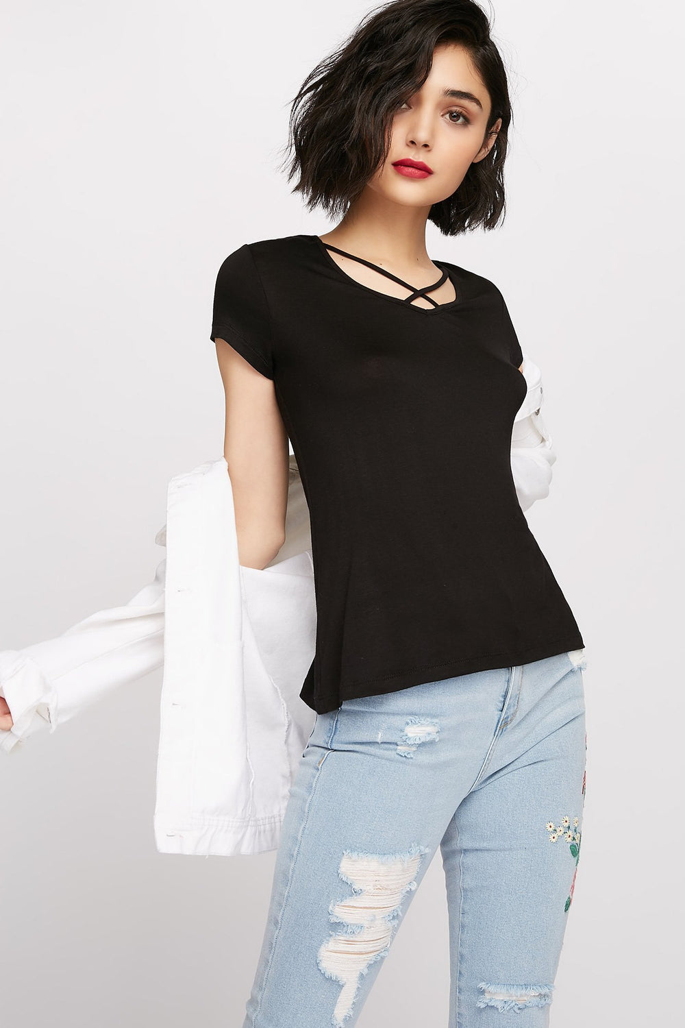 Women T-shirt à motif de cage et encolure arrondie Noir