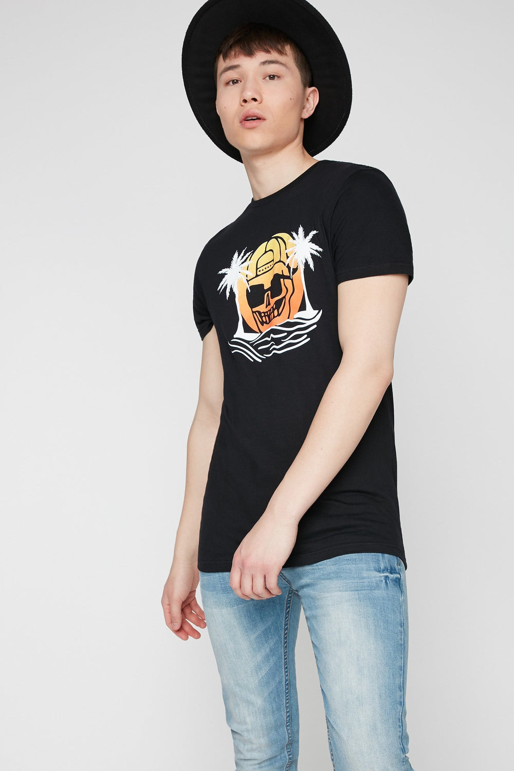Men T-shirt à motif de palmiers et imprimé Crâne Noir