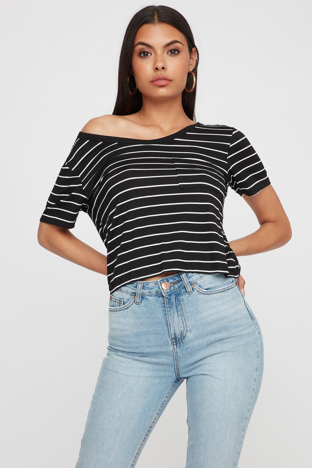 Women T-shirt court rayé à dos en T Noir