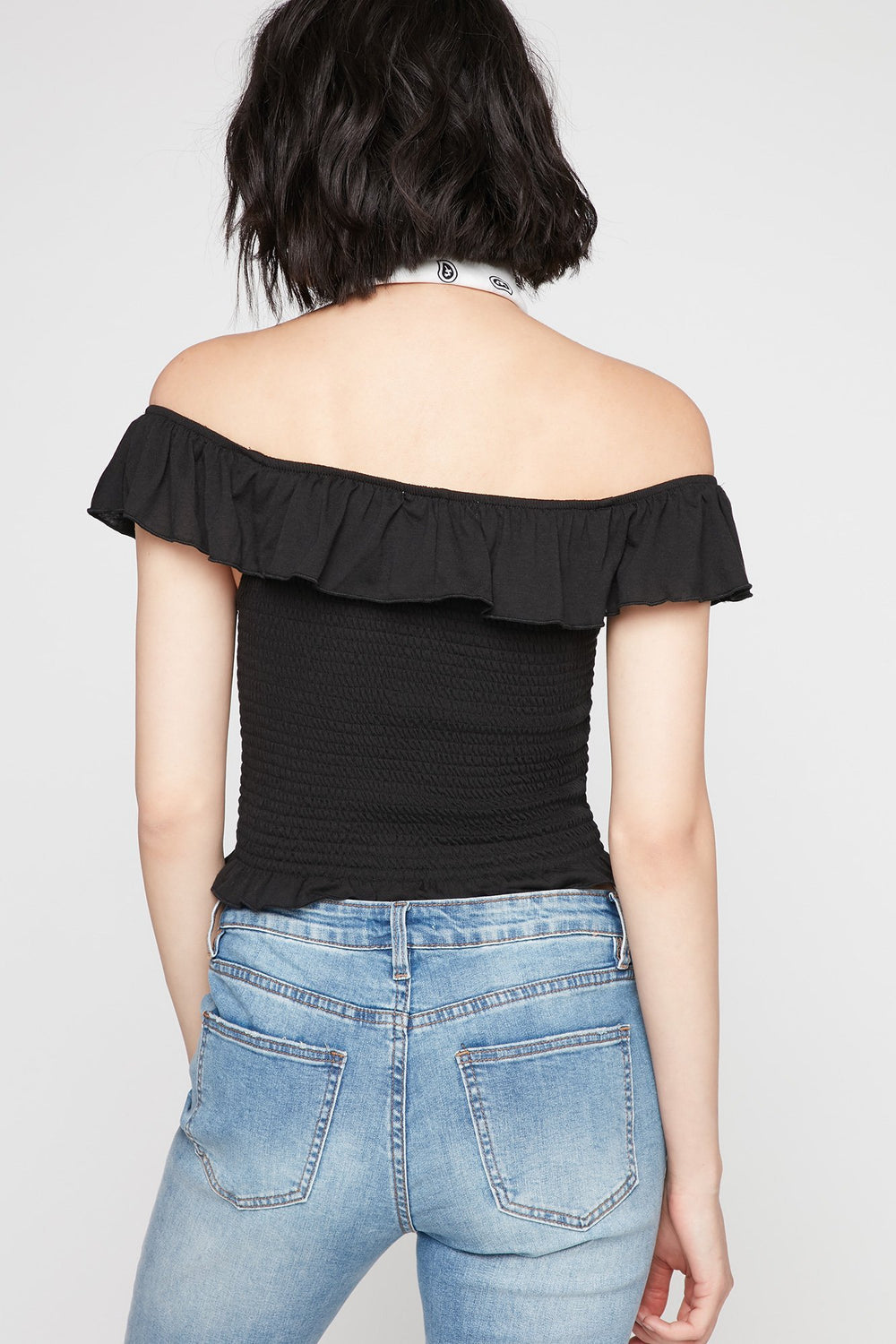 Women T-shirt court volanté smocké à épaules dénudées Noir