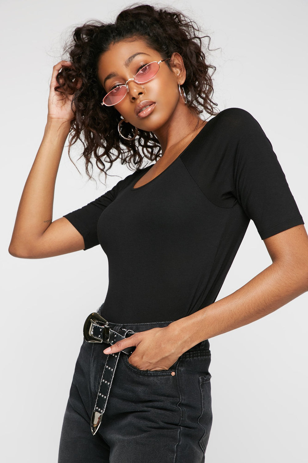 Women T-shirt croisé au dos à encolure arrondie Noir