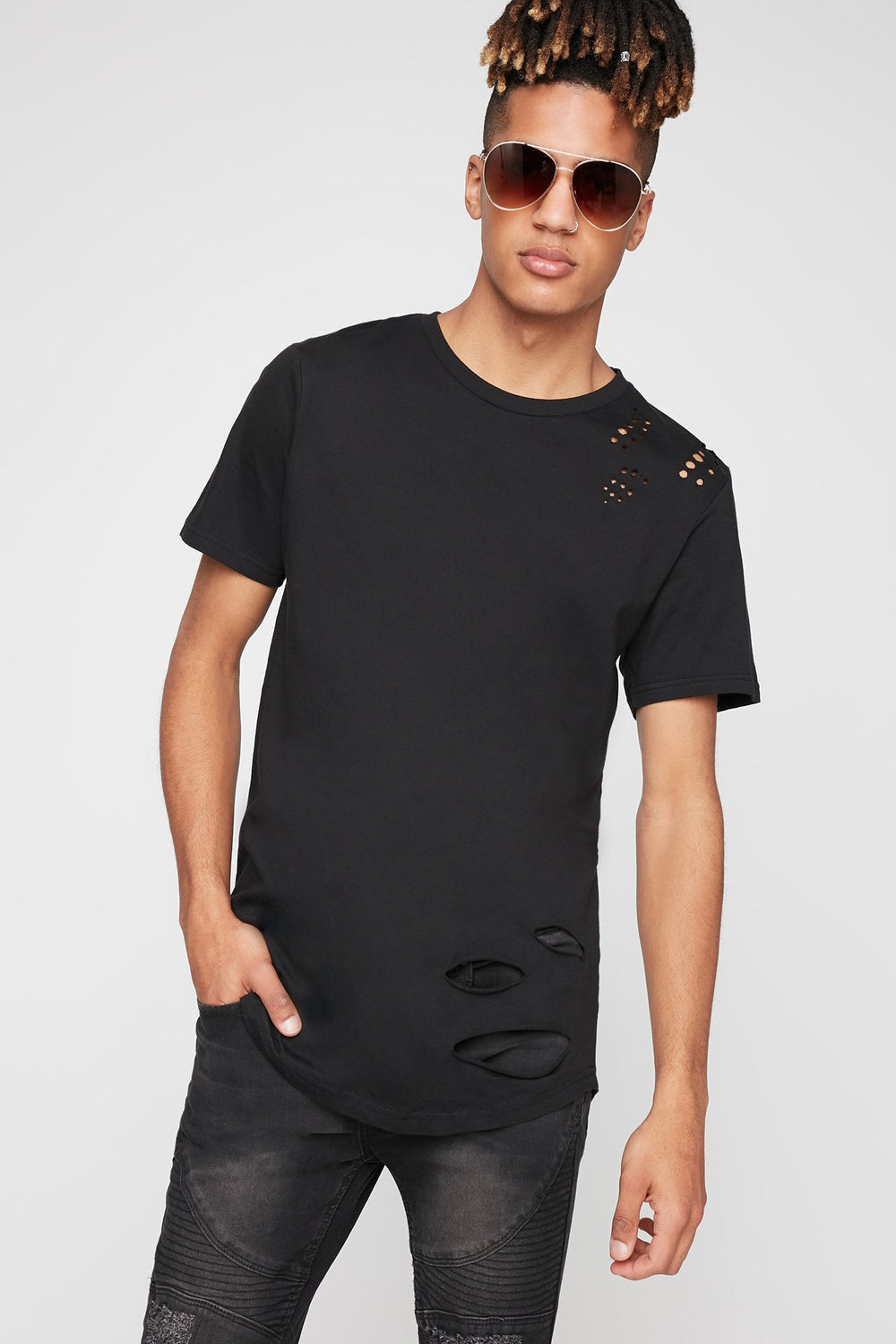 Men T-shirt d'aspect usé à encolure dégagée Noir